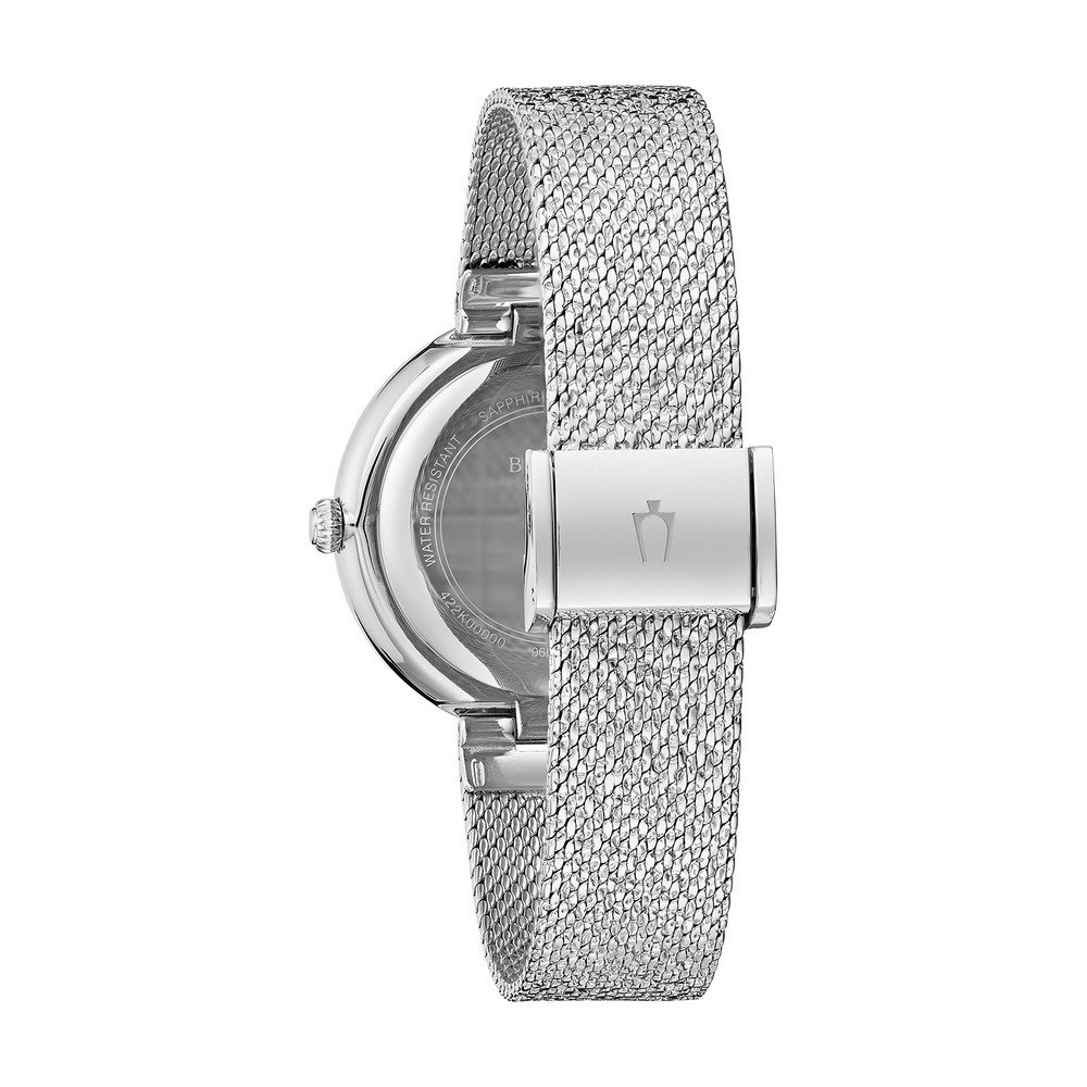 96L329 Silberne Damenuhr mit Mesh-Armband, Nahaufnahme, Detailaufnahme, elegant