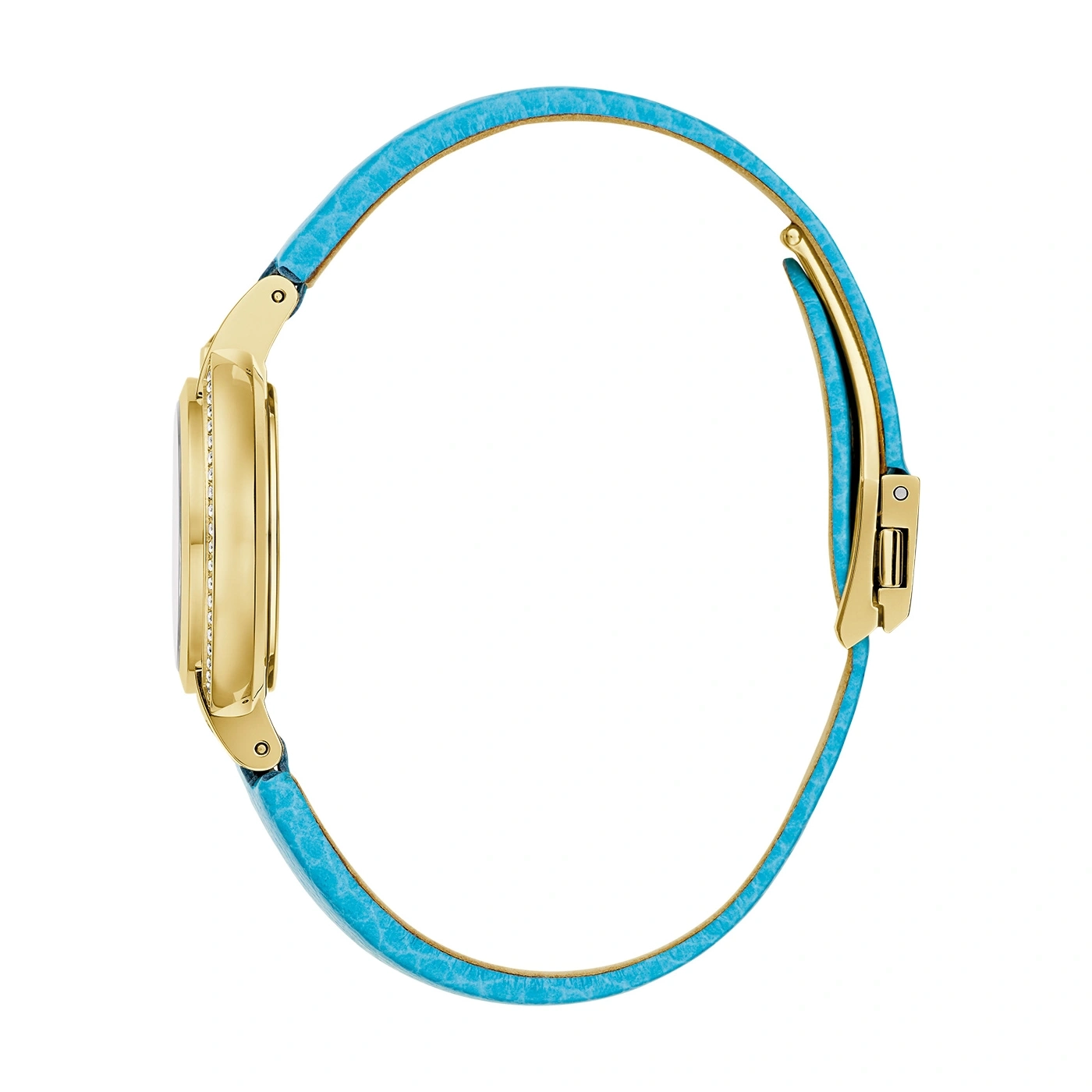 Goldene Uhr mit blauem Armband. Schmuck, Accessoire, Mode, Uhrzeit.