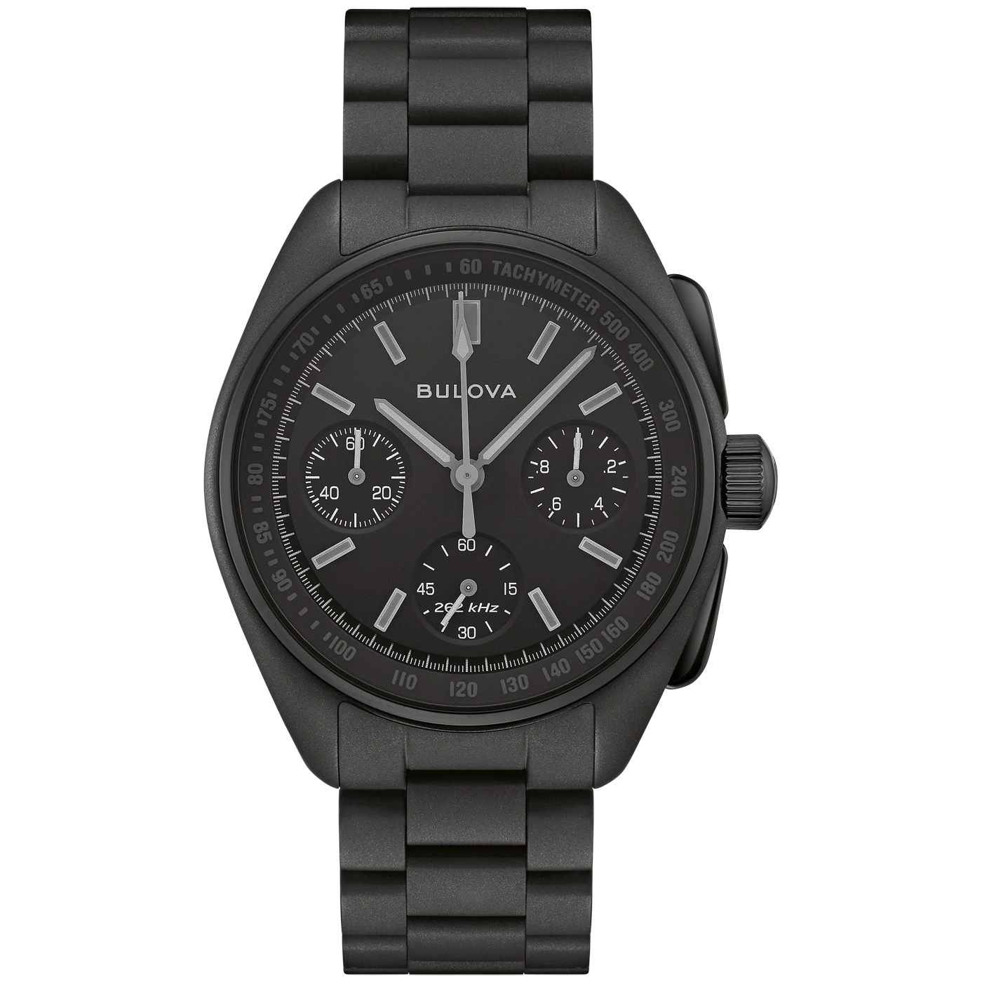 Eine schwarze Bulova Chronograph Herrenuhr mit dunklem Armband und Zifferblatt.