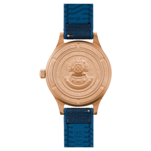 Bulova Uhr, Bronzegehäuse, 150 Jahre Jubiläum, blaues Armband, Wasserdichtigkeit 200m.