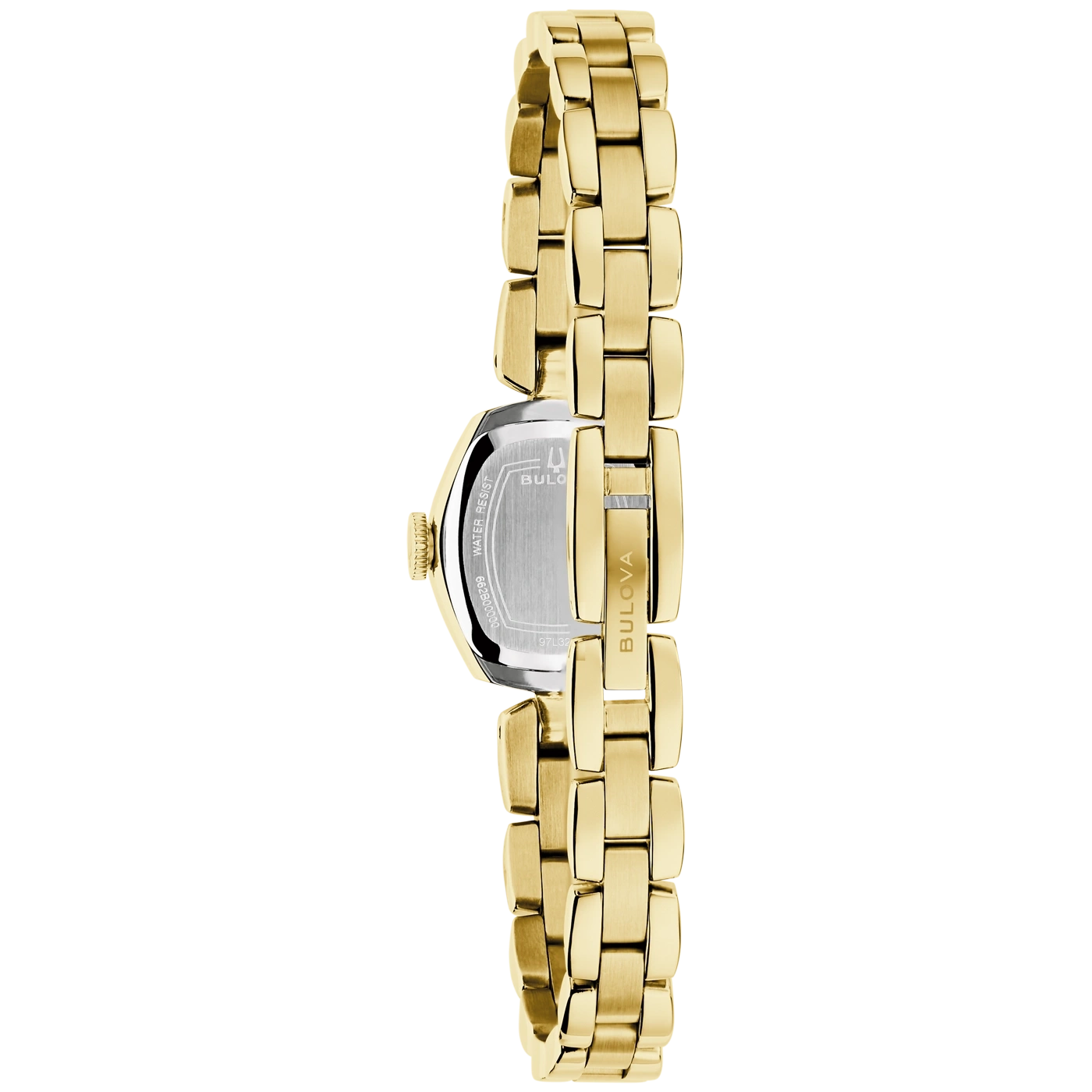 Eine goldene Bulova-Uhr mit graviertem Gehäuseboden und Armband.