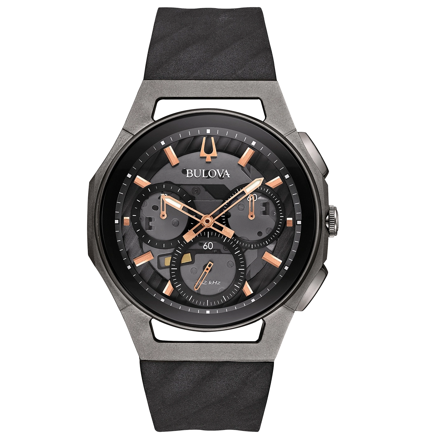 Bulova Uhr, schwarzes Zifferblatt, roségoldene Akzente, schwarzes Armband, Detailaufnahme