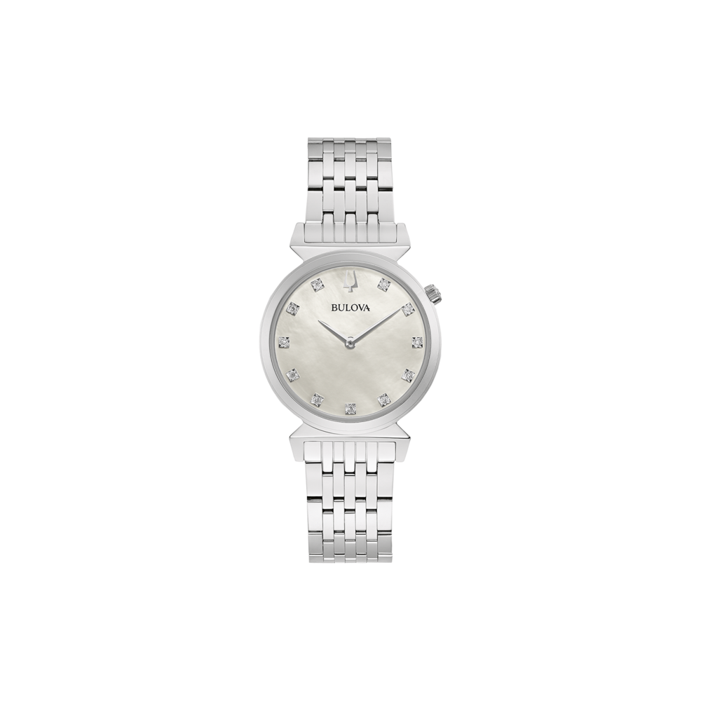 Bulova Damenuhr mit Diamanten und silbernem Armband, elegant