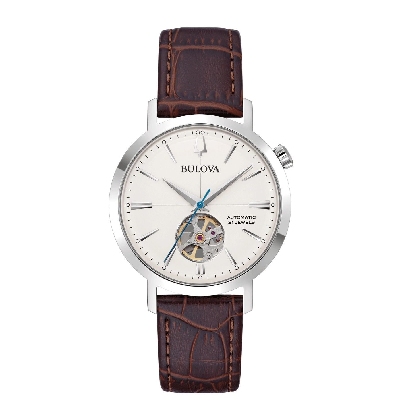 Bulova Herrenuhr mit braunem Lederarmband und weißem Zifferblatt