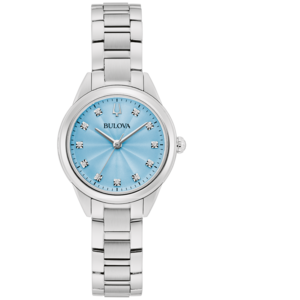 Bulova Damenuhr, hellblaues Zifferblatt, silbernes Armband, Diamanten, elegant, stilvoll