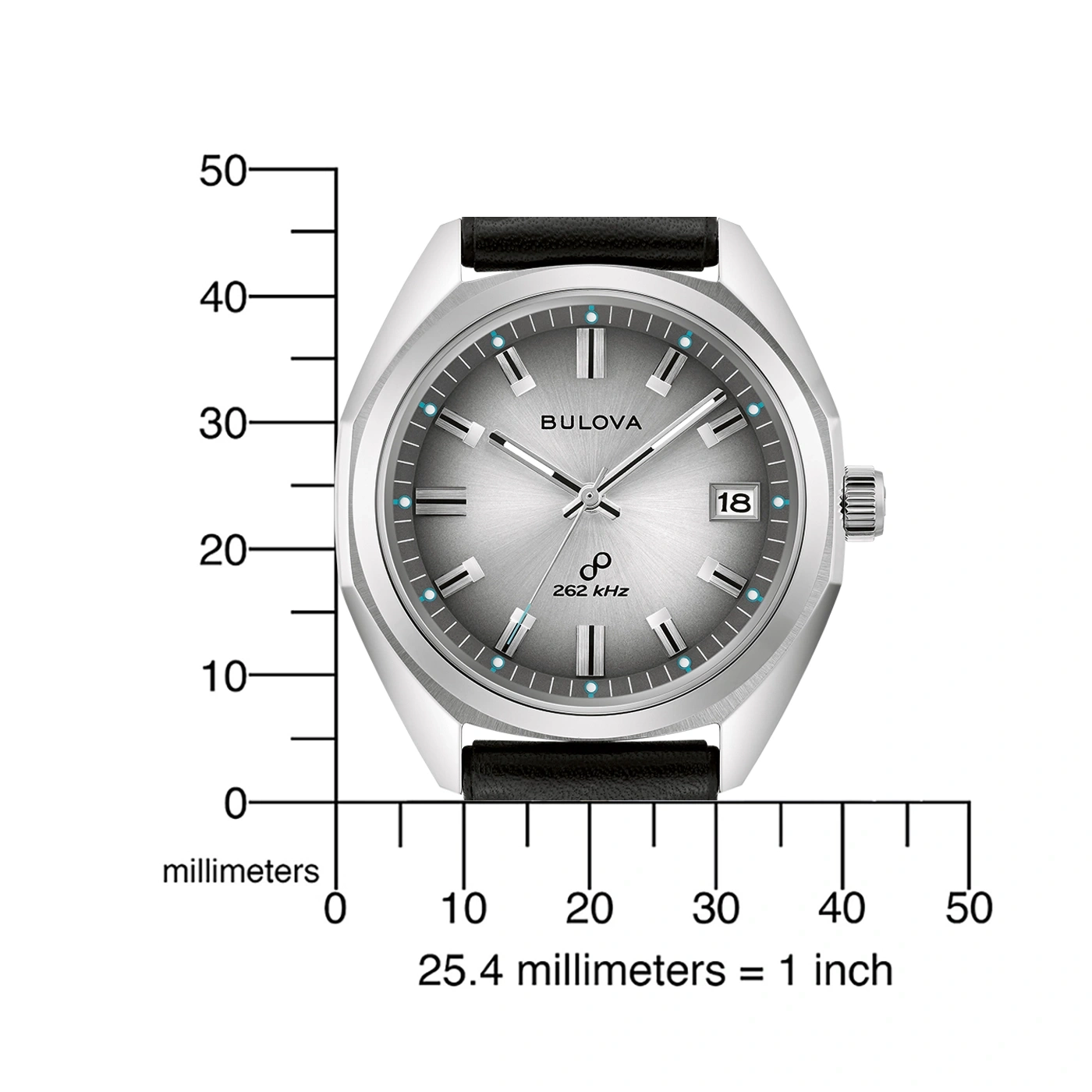 Bulova-Uhr mit silbernem Zifferblatt, schwarzem Armband und Datumsanzeige.