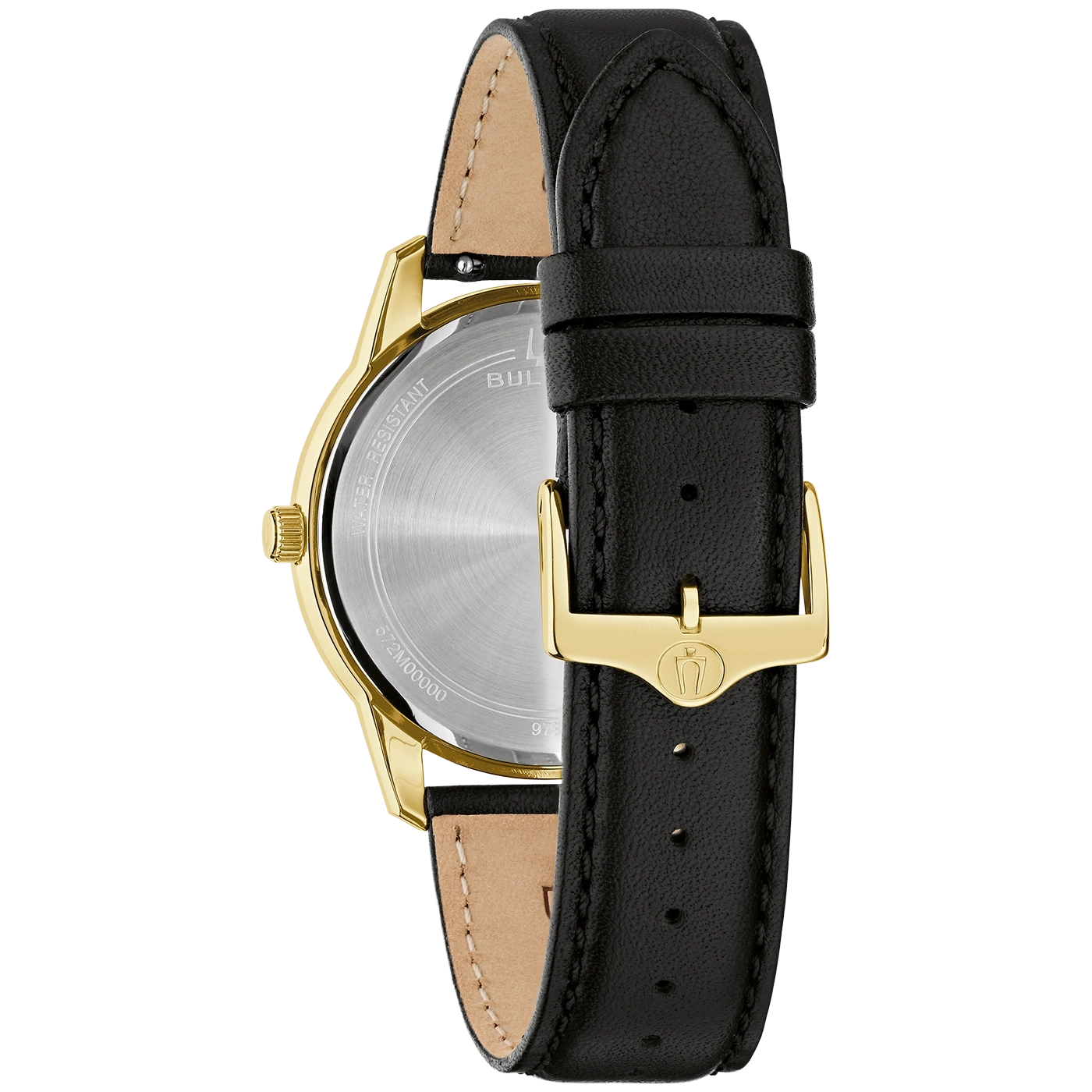 Goldfarbenes Gehäuse mit schwarzem Lederarmband, Rückseite mit Gravur.