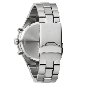 Rückseite einer silbernen Uhr mit Armband und Details.