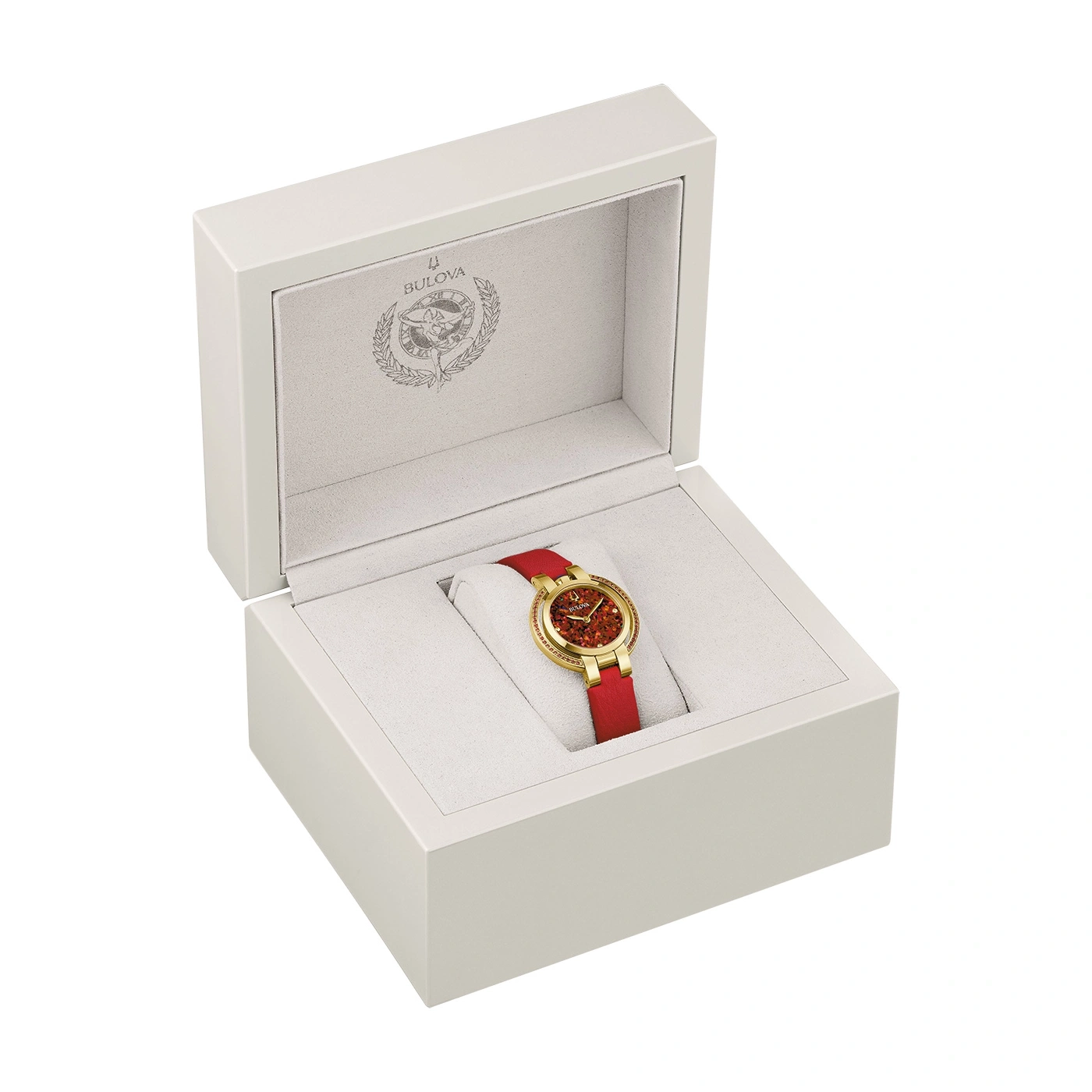 Bulova-Uhr in einer weißen Schachtel mit rotem Armband und goldenem Gehäuse.