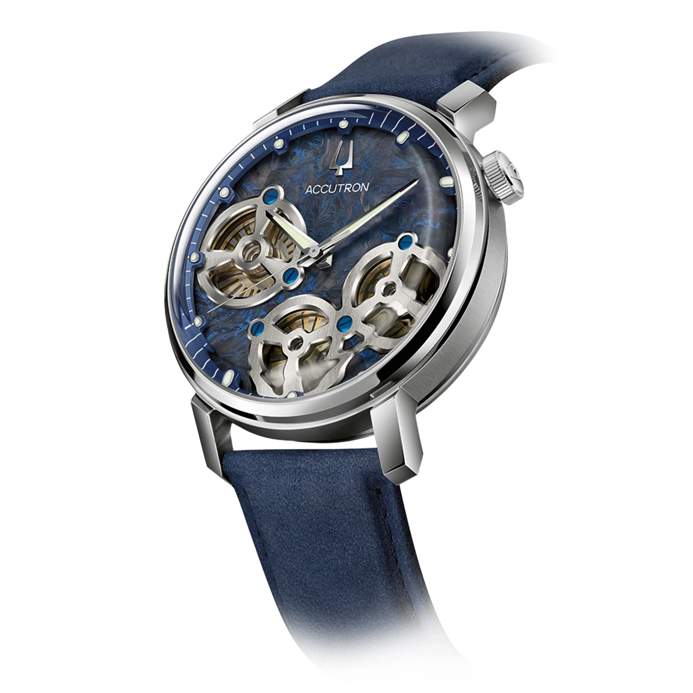 Eine silberne Accutron-Uhr mit blauem Zifferblatt und Lederarmband.