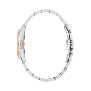 Uhr, silbernes Armband, roségoldfarbenes Zifferblatt, Seitenansicht, elegantes Design, Accessoire