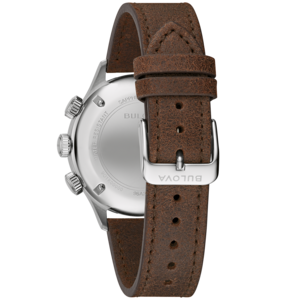 Bulova-Uhr mit braunem Lederarmband und silberner Schnalle, Nahaufnahme