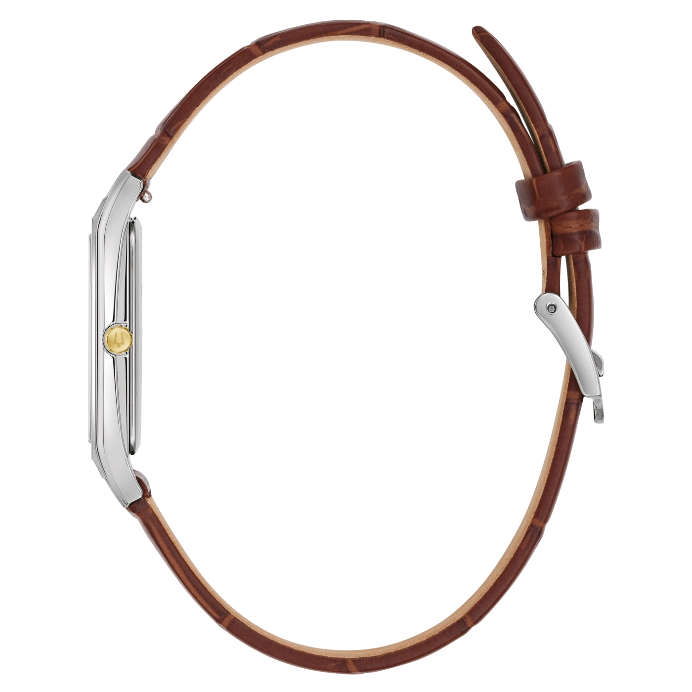 Uhr mit braunem Lederarmband, Seitenansicht, Detailaufnahme, isoliert auf weißem Hintergrund