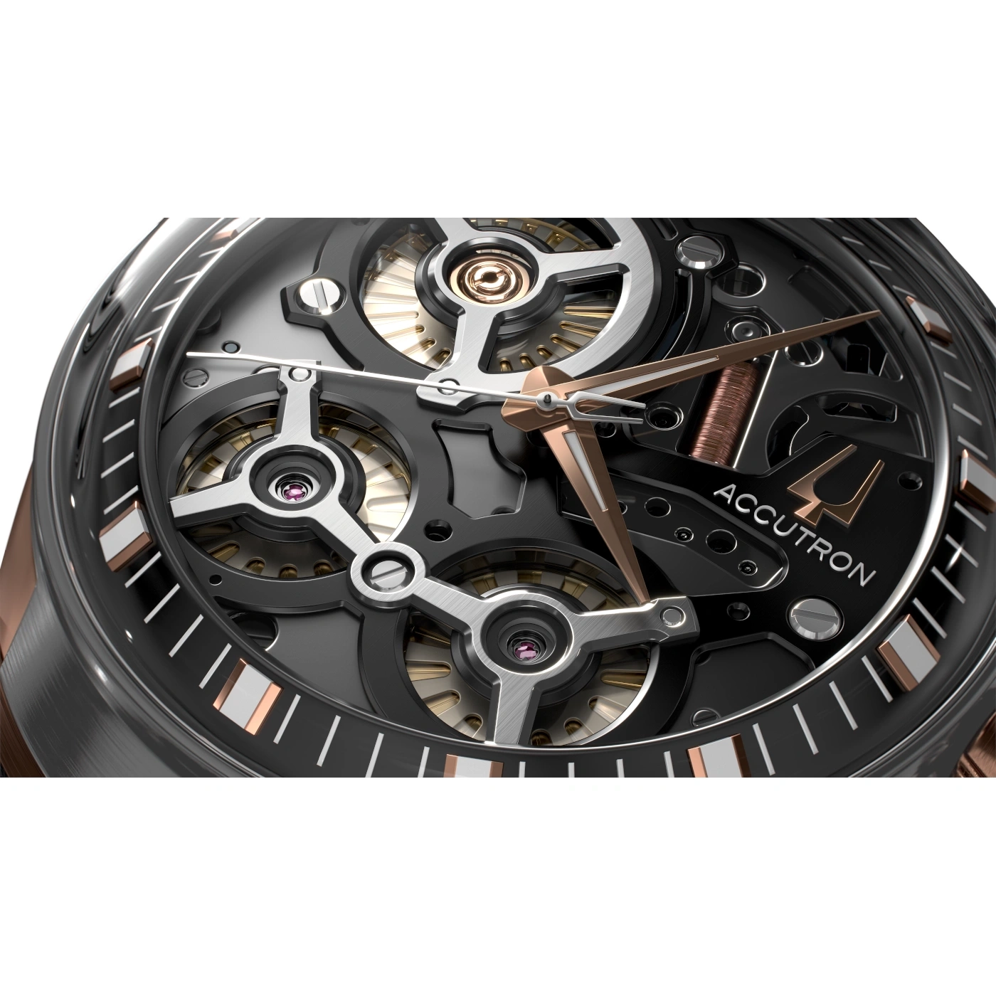 Nahaufnahme einer schwarzen Accutron-Uhr mit roségoldenen Akzenten und komplexem Uhrwerk