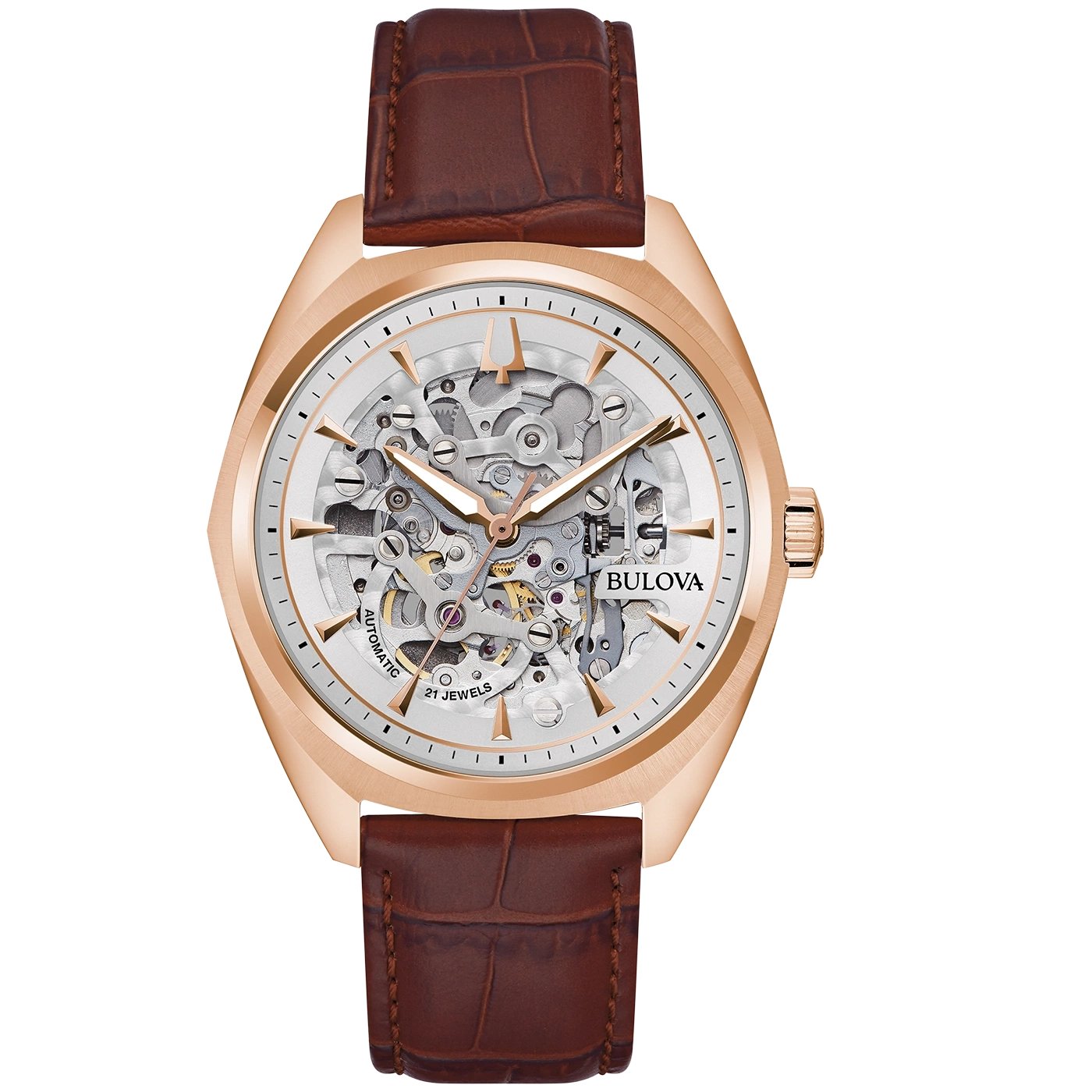 Bulova Skelett-Automatikuhr mit braunem Lederarmband und roségoldfarbenem Gehäuse