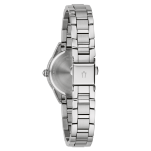 Rückseite einer silbernen Uhr mit Armband und Logo