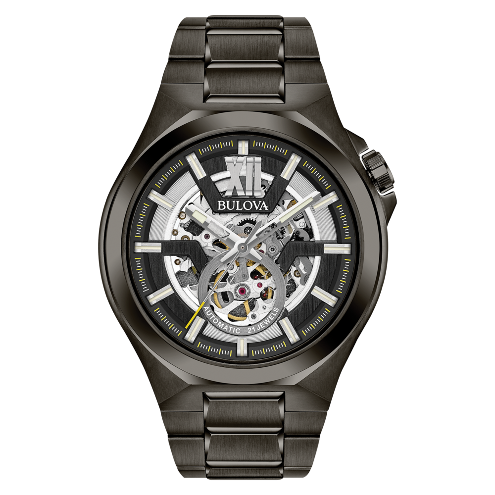 Bulova Herrenuhr, skelettiertes Zifferblatt, Automatik, 21 Jewels, dunkelgrau