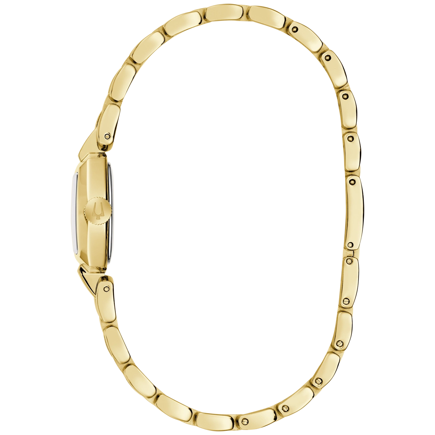 Eine goldene Damenuhr mit glänzendem Armband auf weißem Hintergrund.