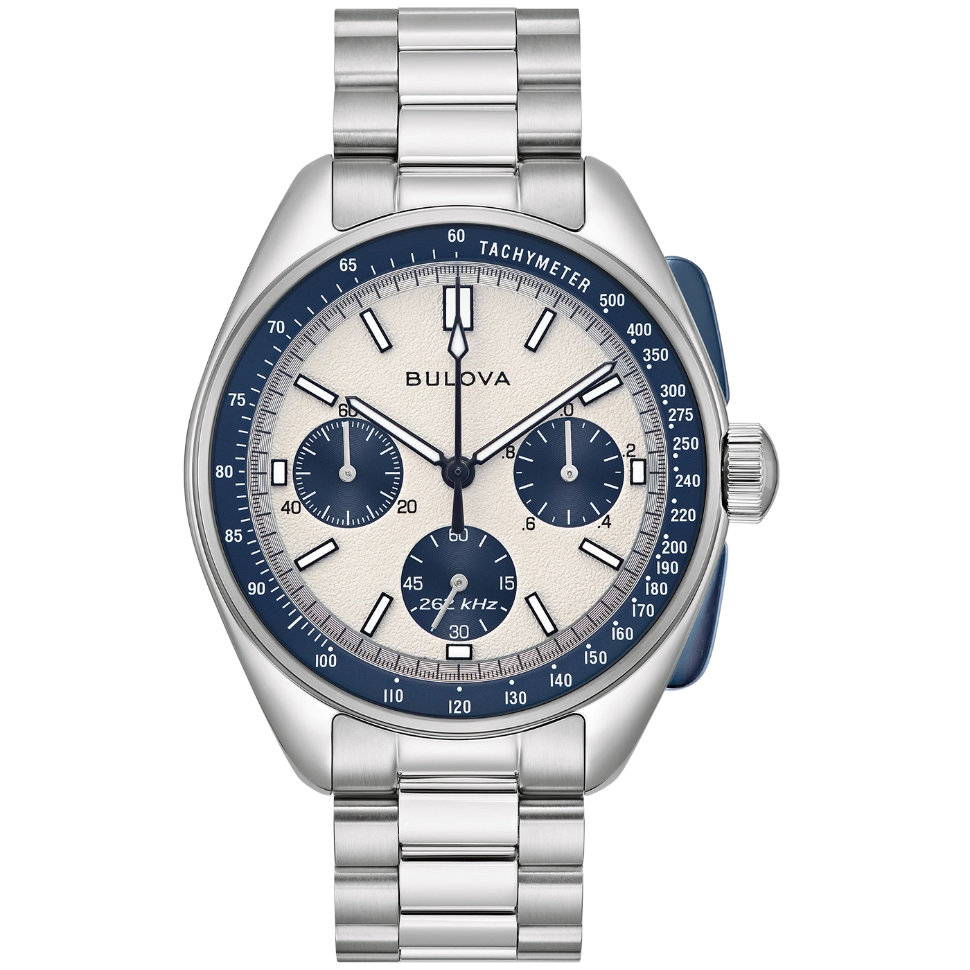 Bulova-Uhr mit blauem Zifferblatt und Tachymeter-Funktion, Edelstahlarmband.