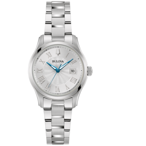 Silberne Bulova-Uhr mit römischen Ziffern und blauem Zeiger auf weißem Zifferblatt
