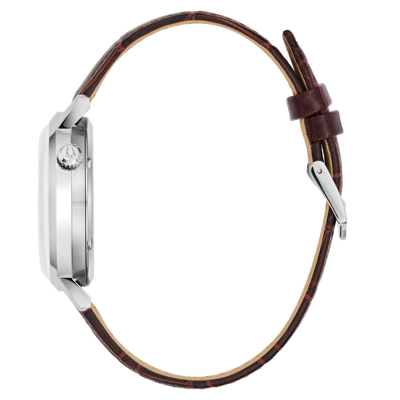 Uhr mit braunem Lederarmband, Seitenansicht, silbernes Gehäuse, Detailaufnahme