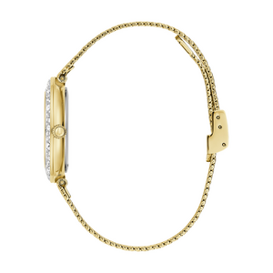 Goldene Uhr mit Diamanten und goldenem Armband, Seitenansicht, elegant