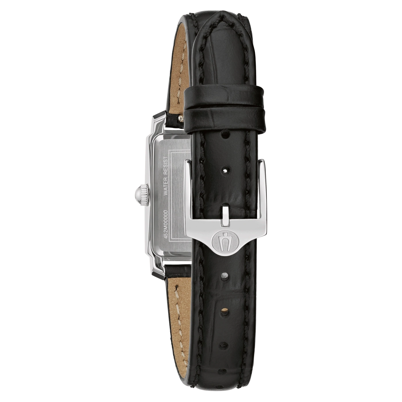 Schwarze Uhr mit Lederarmband und silberner Schnalle, Nahaufnahme