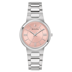 Bulova Damenuhr mit rosafarbenem Zifferblatt und silbernem Armband