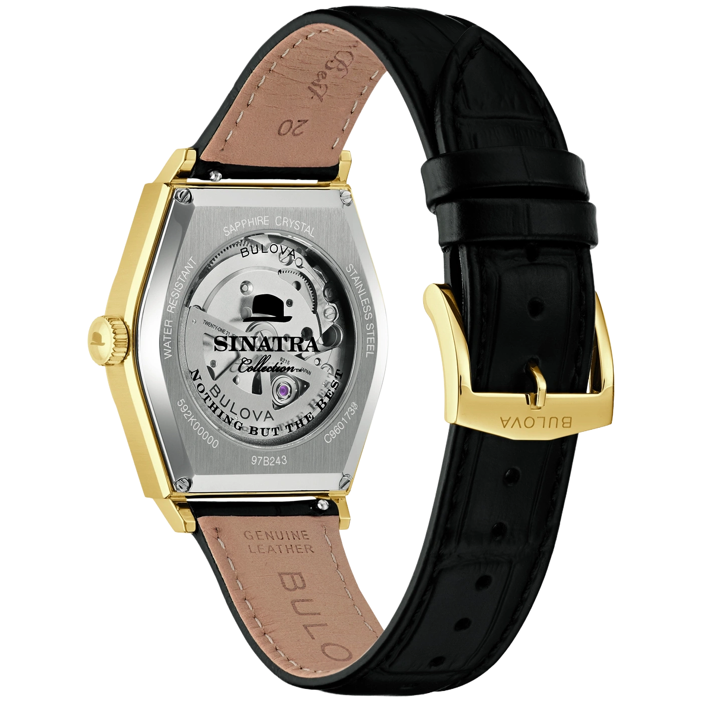 Rückseite einer goldenen Bulova Uhr mit schwarzem Lederarmband und Sichtfenster.