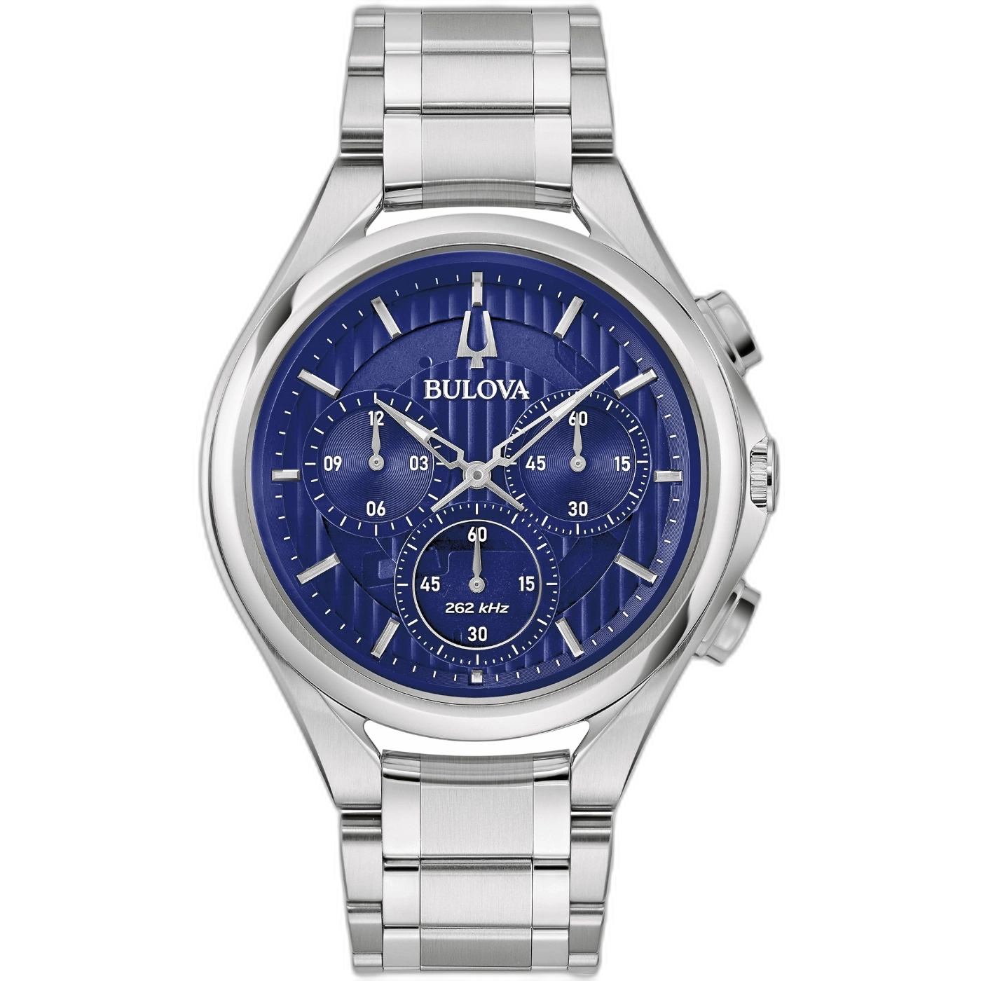 Bulova-Uhr mit blauem Zifferblatt und silbernem Armband, Chronograph-Design.