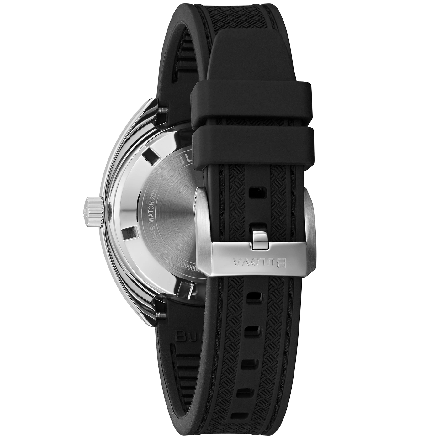 Bulova-Uhr mit schwarzem Armband und silbernem Gehäuse, Nahaufnahme