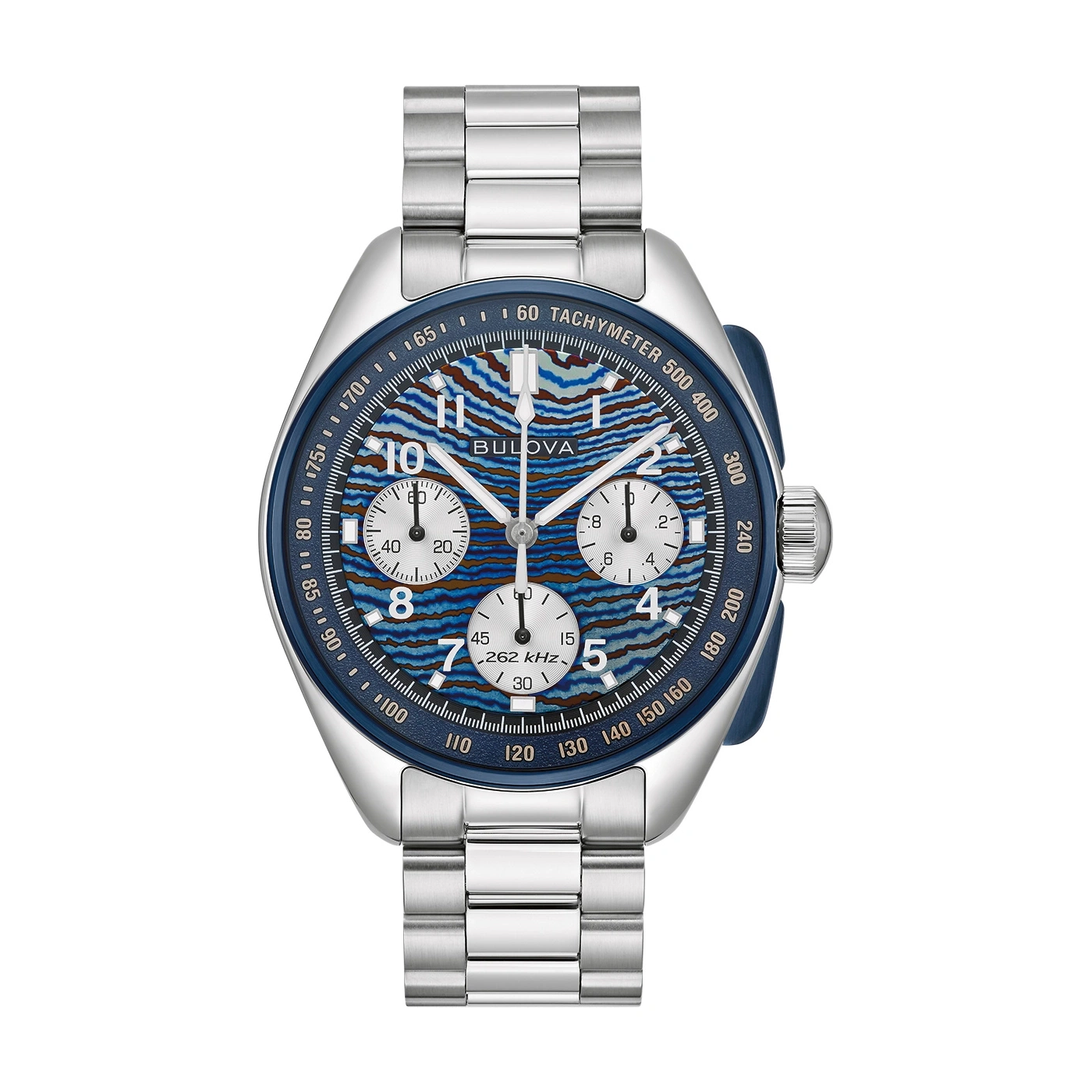 Bulova-Uhr mit blauem Zifferblatt und silbernem Armband, Tachymeter-Funktion.