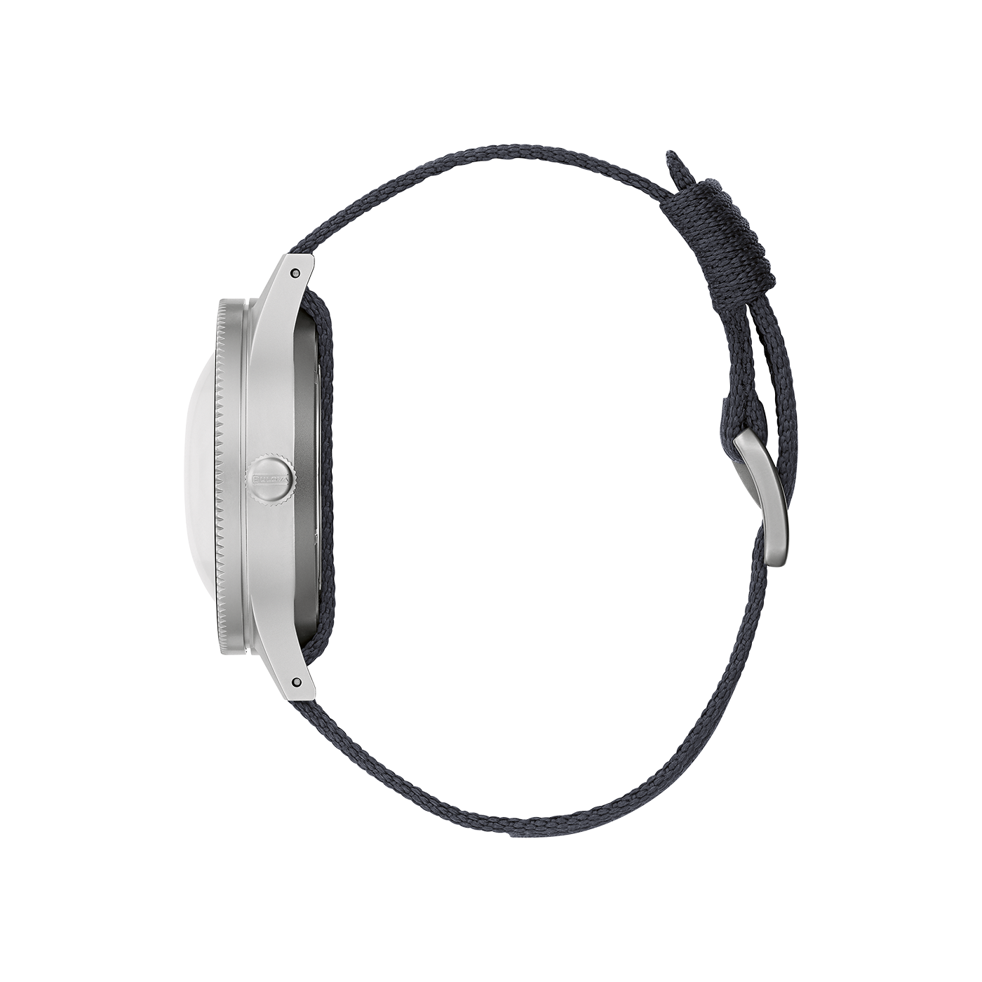Silberne Smartwatch mit dunkelblauem Armband, Seitenansicht, Detailaufnahme, modern