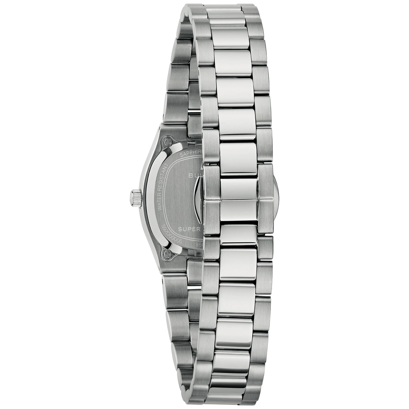 Rückseite einer silbernen Armbanduhr mit Wasserdichtigkeit und Saphirglas.