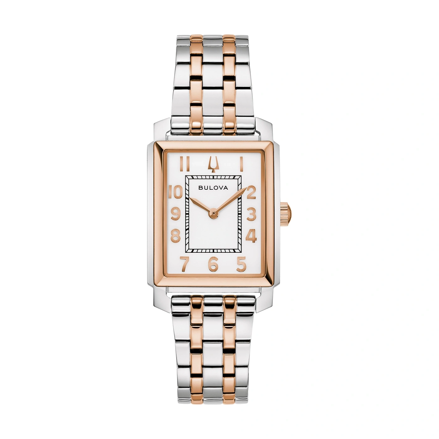 Bulova Damenuhr, rechteckiges Zifferblatt, silber-roségoldfarbenes Armband, weißes Zifferblatt.