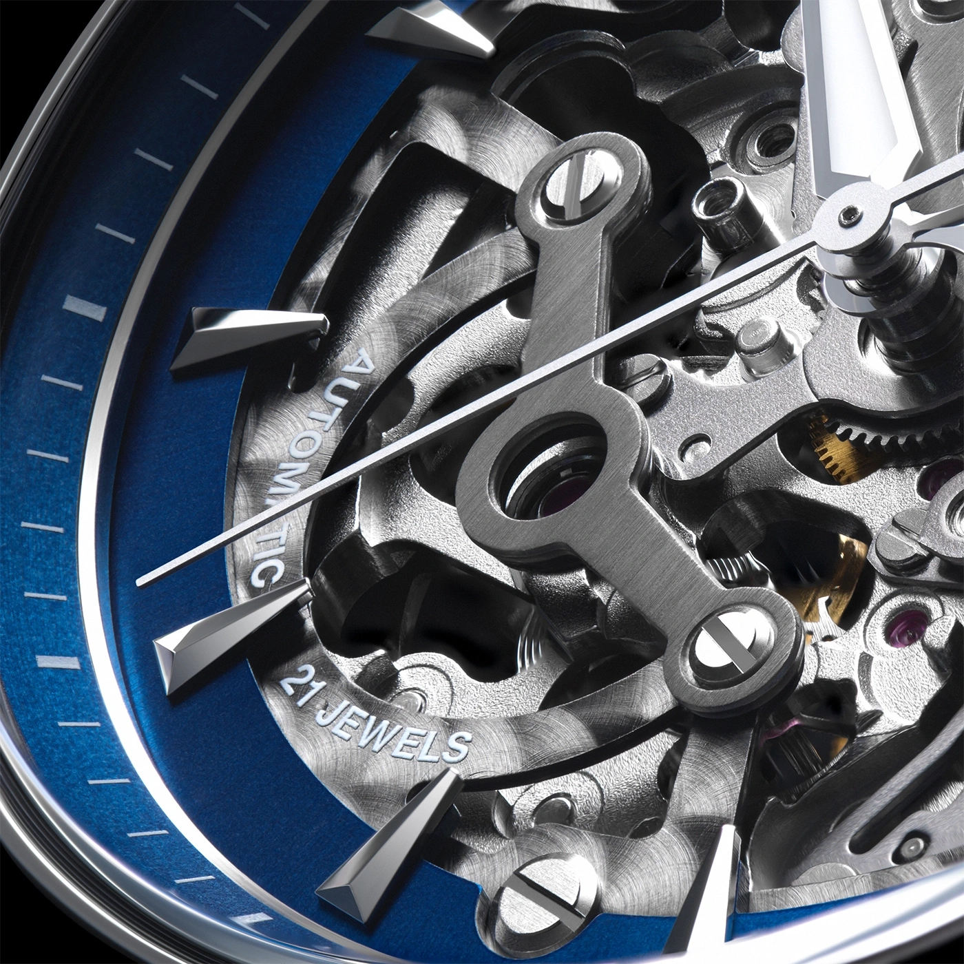 Nahaufnahme einer Uhr mit blauem Zifferblatt und komplexem Uhrwerk.