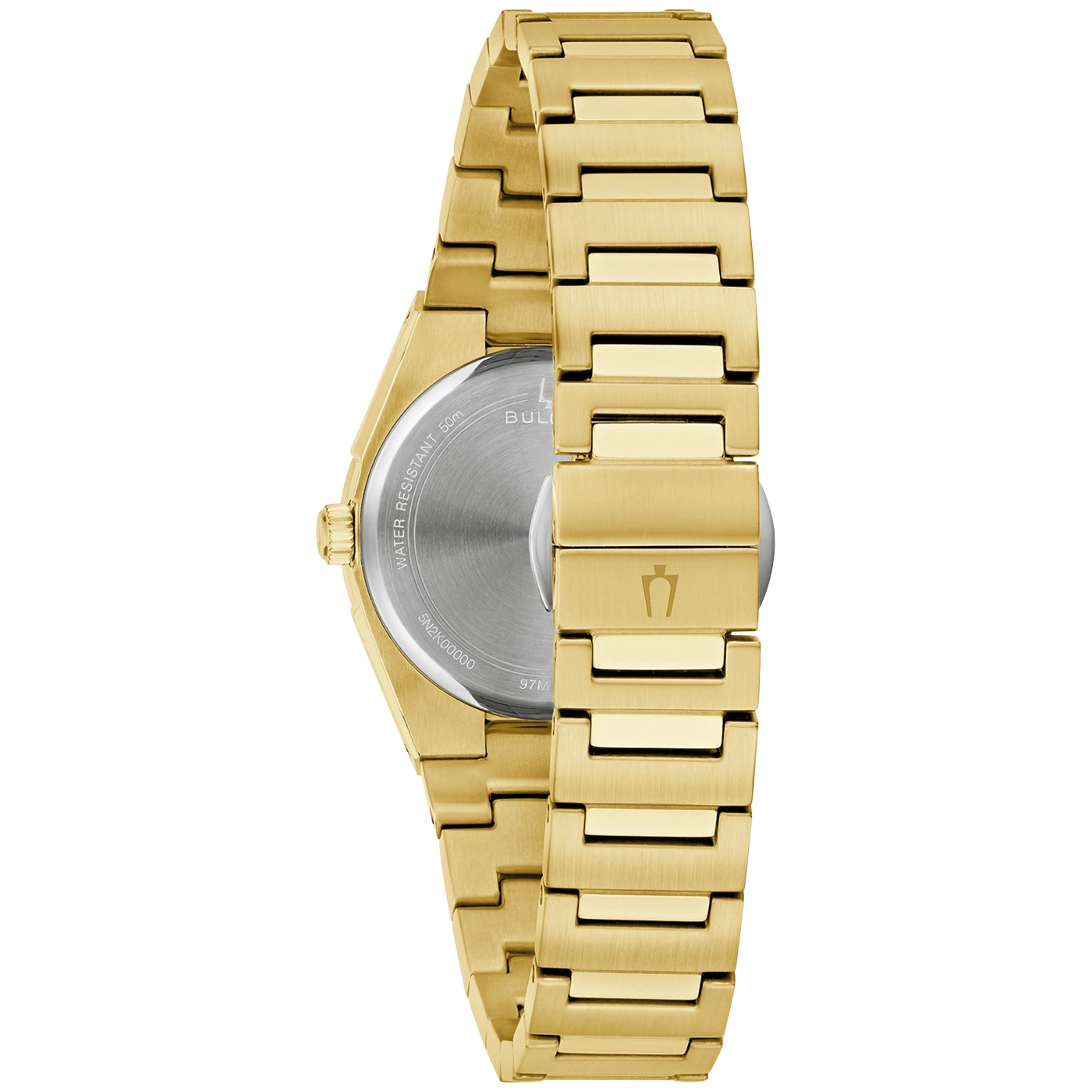 Rückseite einer goldenen Bulova-Uhr mit Wasserdichtigkeit 50m.