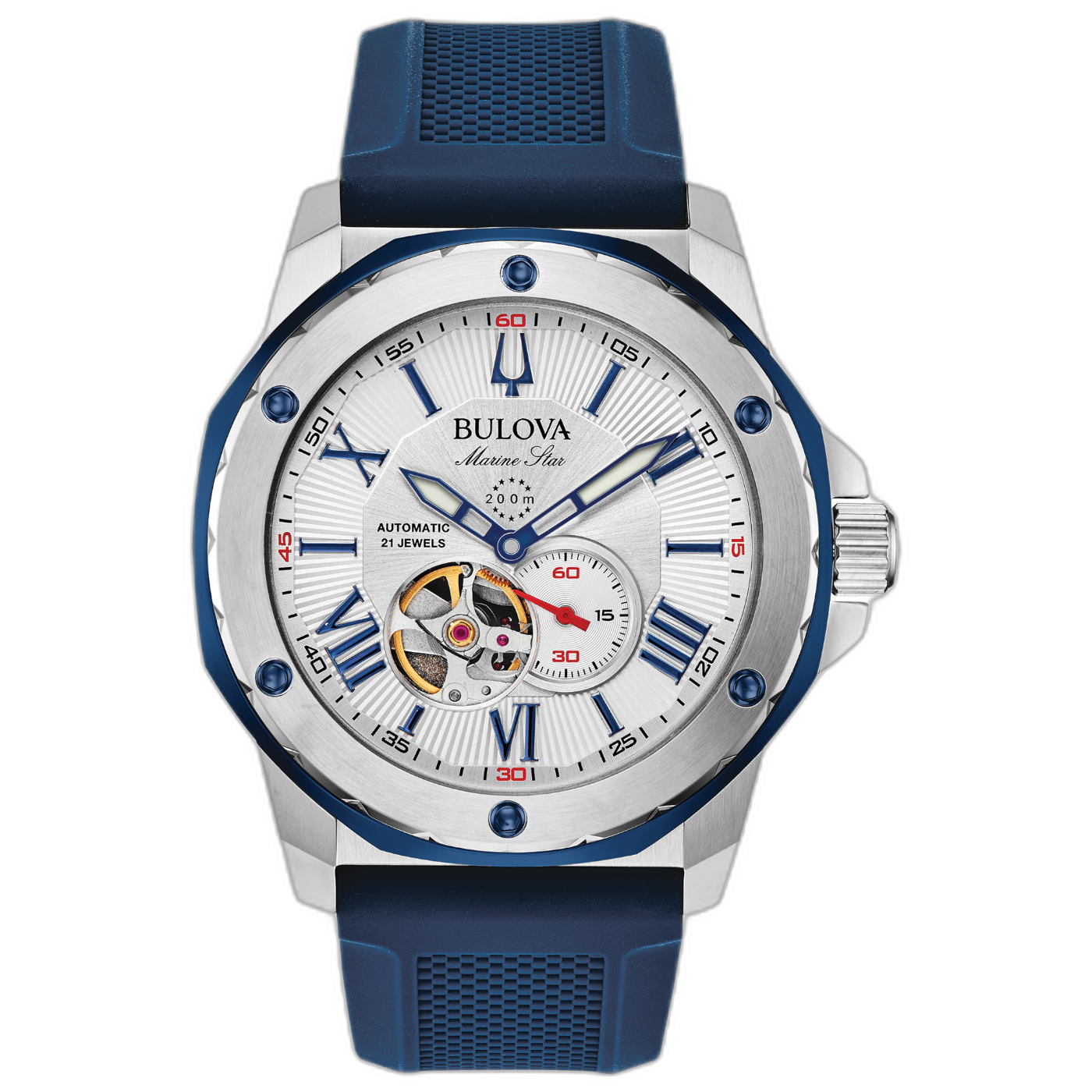 Bulova Marine Star Uhr, blaues Armband, silbernes Zifferblatt, Automatikwerk, 200m wasserdicht.
