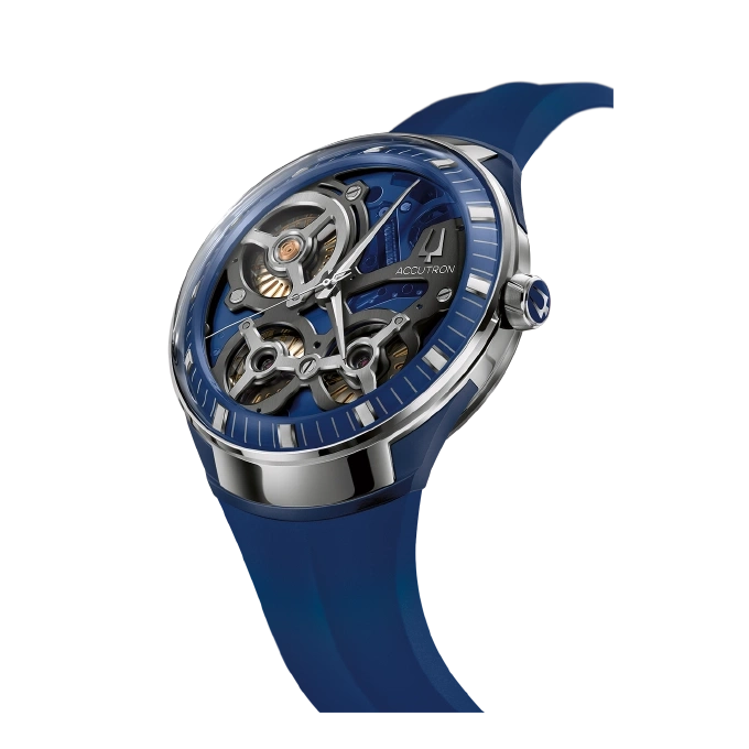 Blaue Accutron-Uhr mit transparentem Zifferblatt und Detailansicht des Uhrwerks.