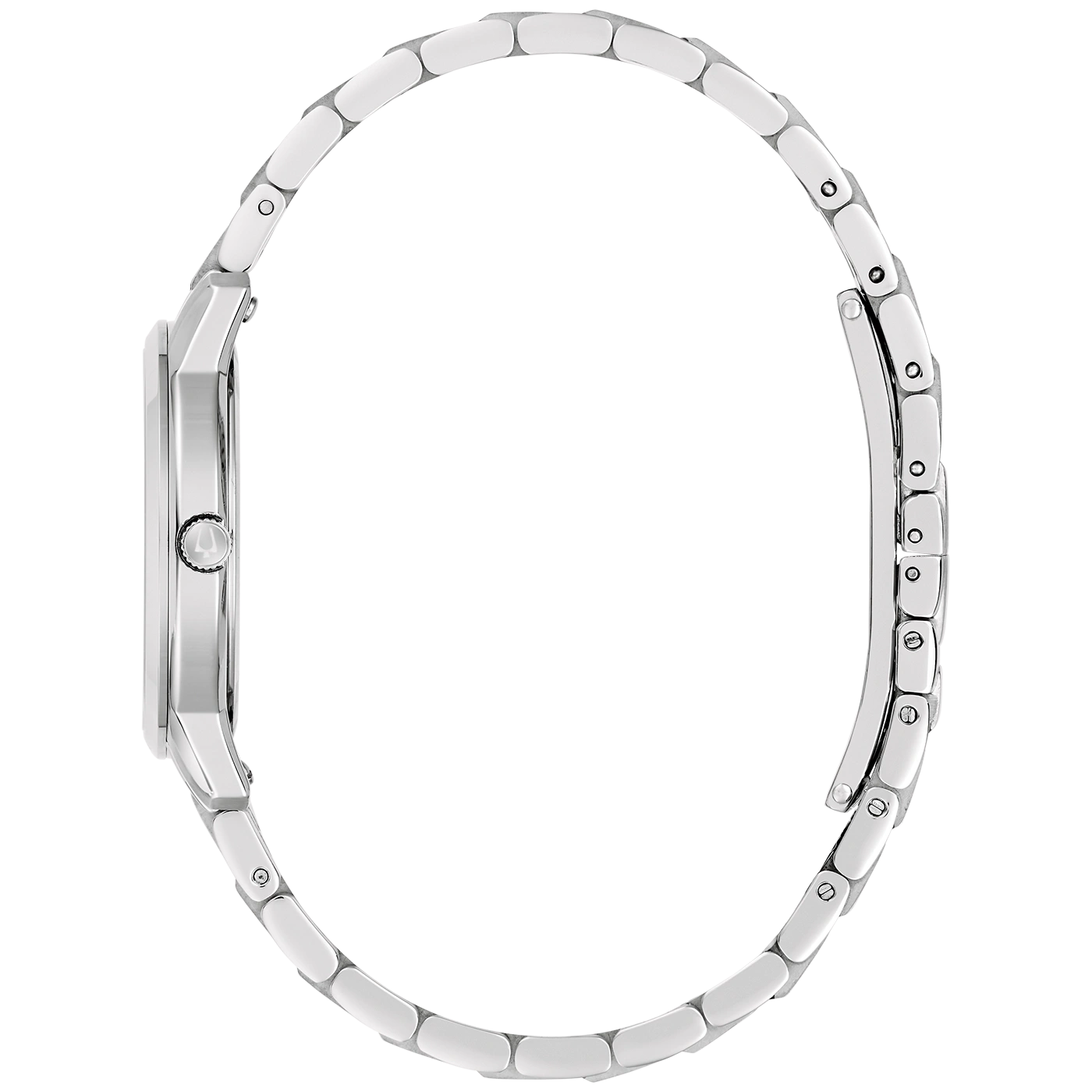 Eine silberne Armbanduhr mit einem Gliederarmband, von der Seite gesehen.