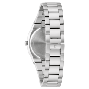 Uhr aus Metall, Detailaufnahme des Armbands und der Rückseite.