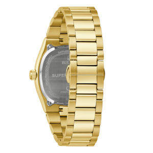 Goldene Uhr mit Armband, Detailaufnahme, Rückseite, Präzision, Saphirglas, Luxus
