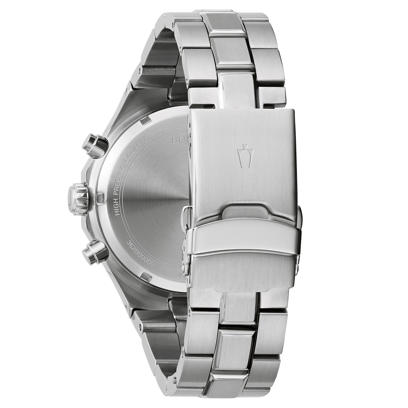 Rückseite einer silbernen Uhr mit Armband und Details.