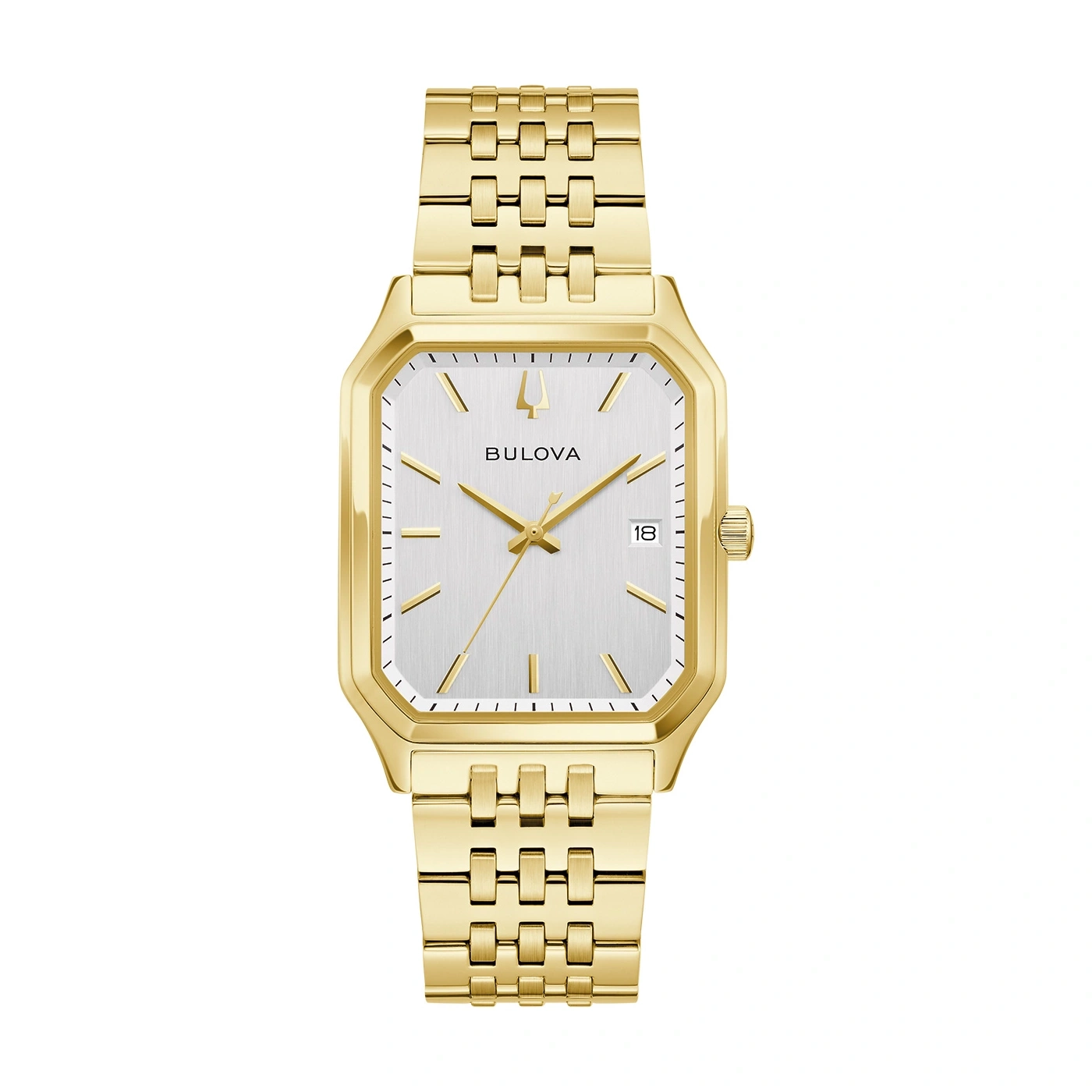 Goldene Bulova-Uhr mit rechteckigem Zifferblatt und Armband