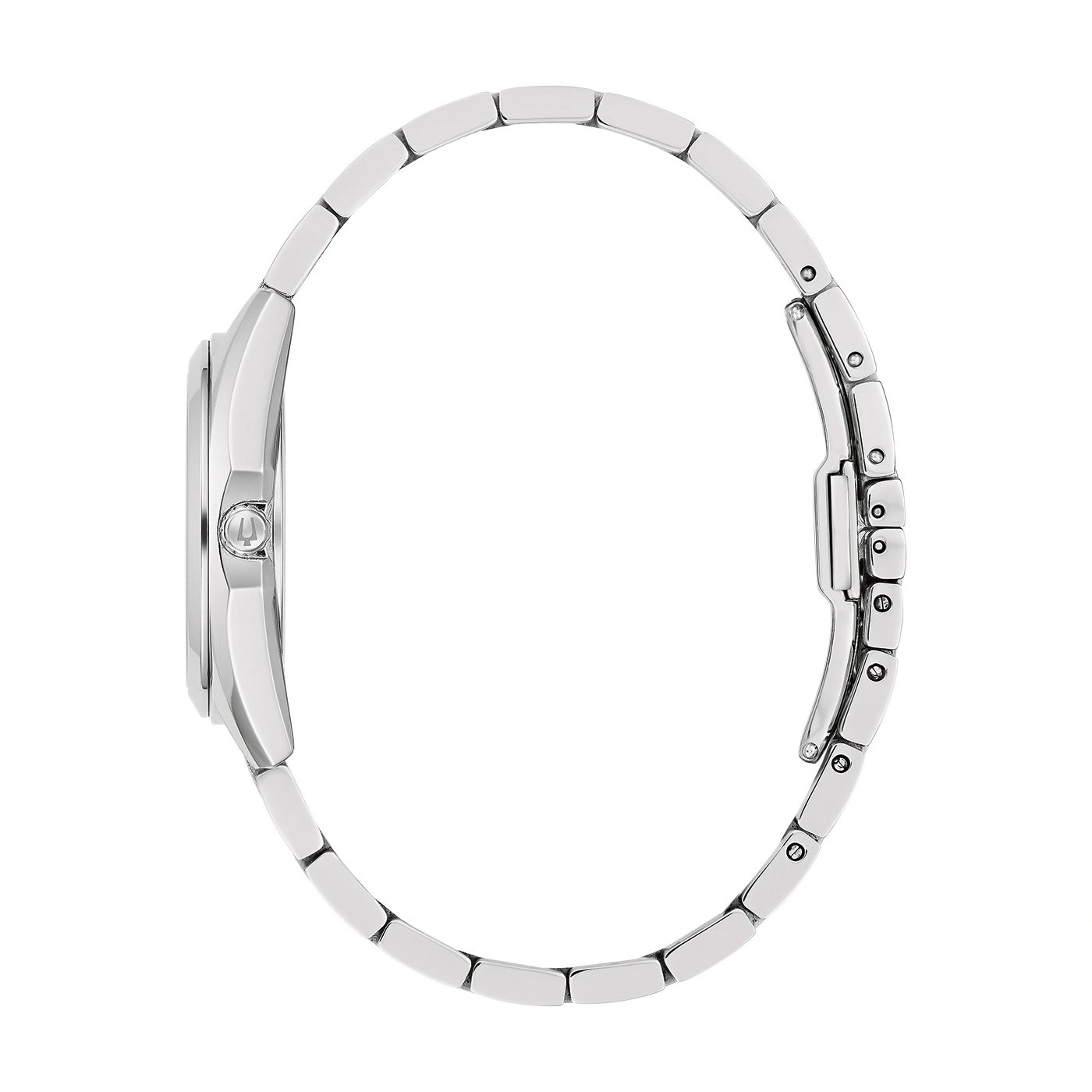Eine silberne Armbanduhr mit einem glänzenden Metallarmband, von der Seite gesehen.