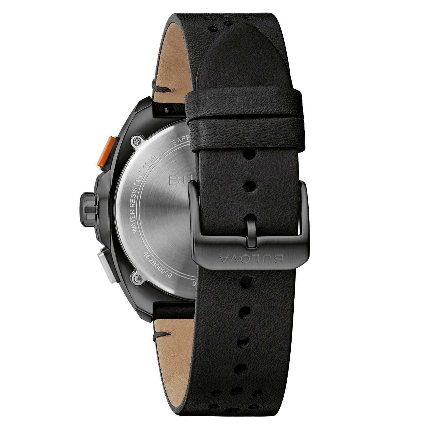 Schwarze Uhr mit Lederarmband und Bulova-Logo, Detailaufnahme, Nahaufnahme