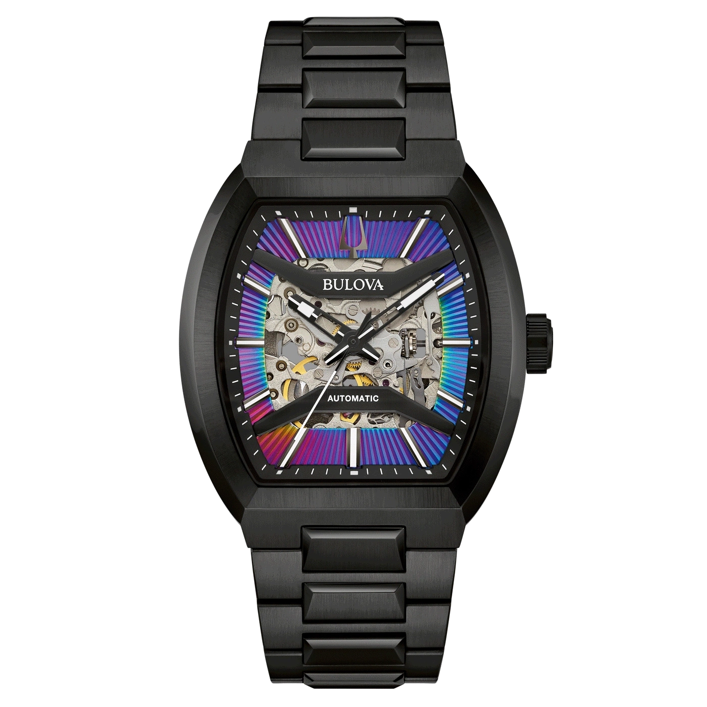 Schwarze Bulova-Uhr mit skelettiertem Zifferblatt und Regenbogenfarben, Automatik
