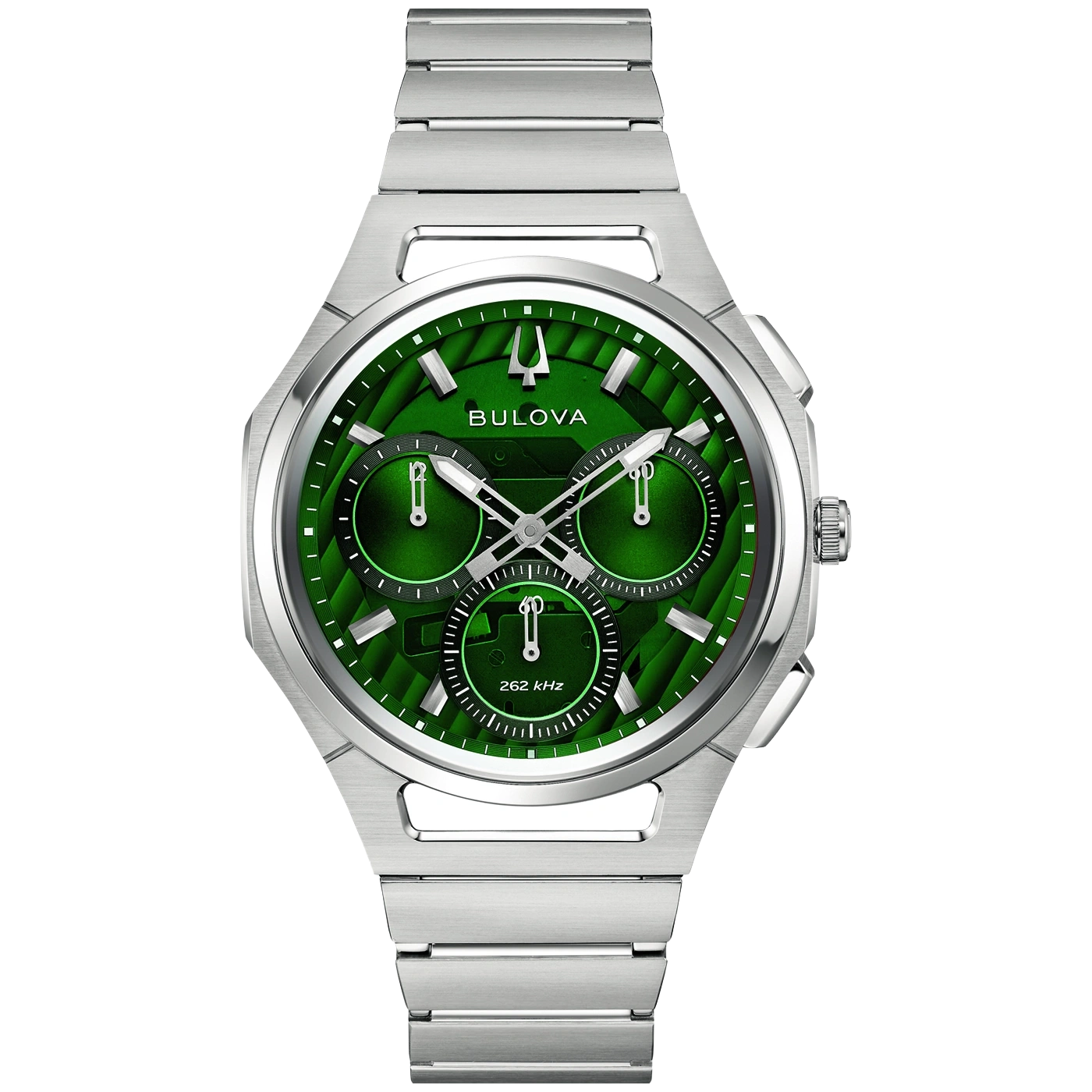 Grüne Bulova Herrenuhr mit silbernem Armband und Chronographenanzeige.