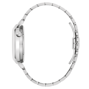 Silberne Uhr mit Armband, Seitenansicht, Detailaufnahme, elegantes Design, Accessoire