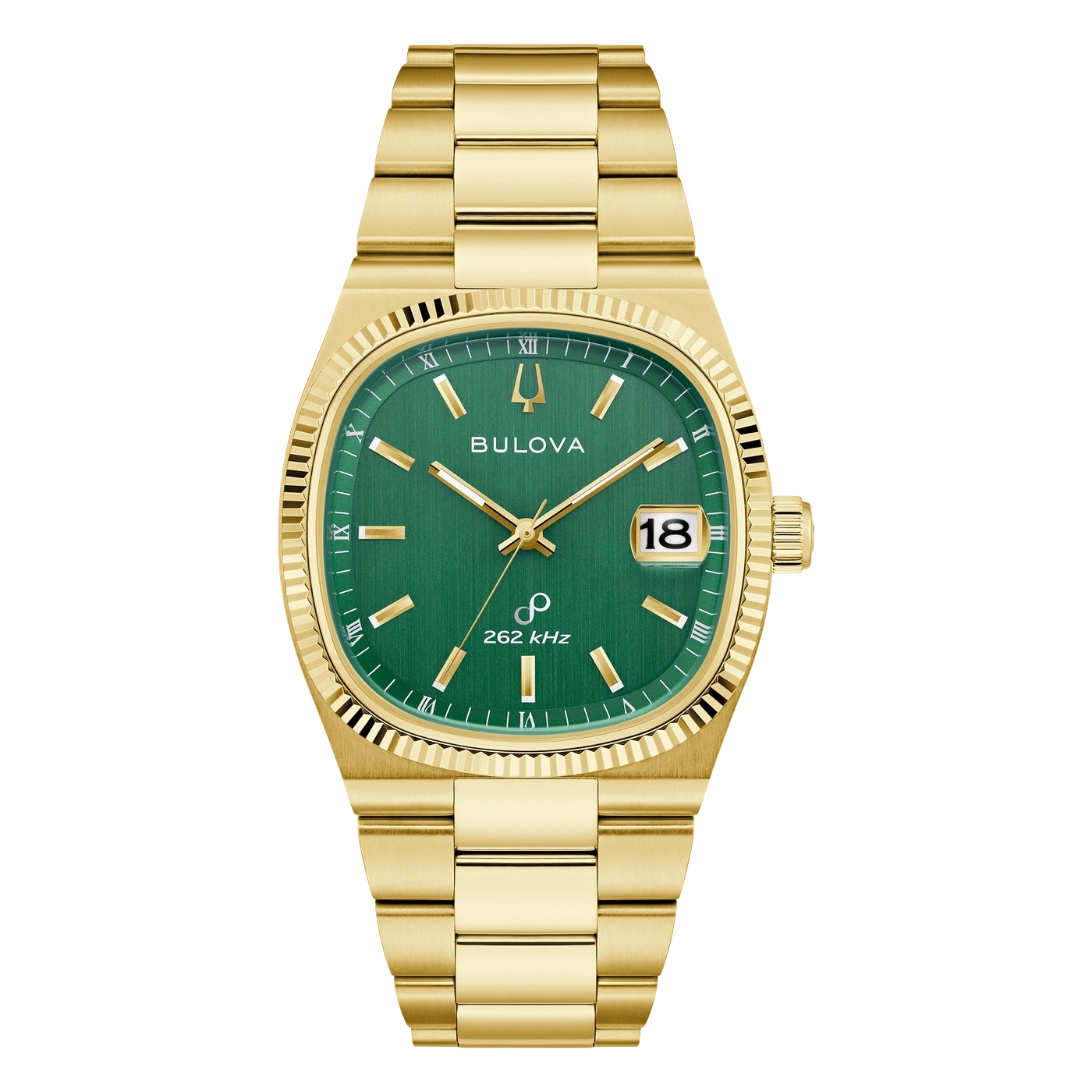 Goldene Bulova Uhr mit grünem Zifferblatt und römischen Ziffern.